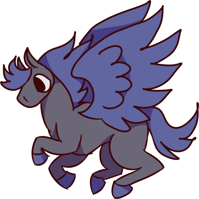 a grey pegasus with violet mane wings and tail is flying.